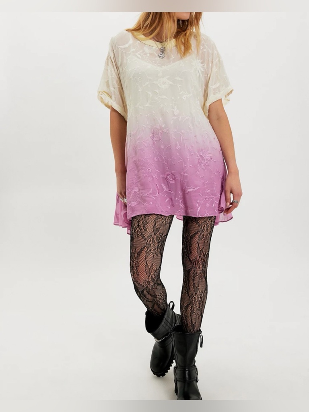 Free People Petal Dusk T-Shirt Mini Dress XS NWT Ivory Pink Ombré Embroidered